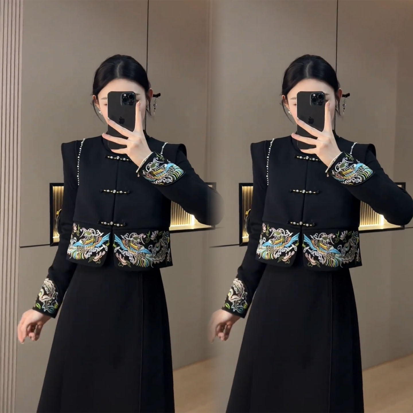 冬季黑色国风刺绣盘扣两件套女