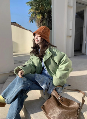 2024冬季绿色针织小众设计拼接感保暖防寒拼接棉服ins棉服短外套