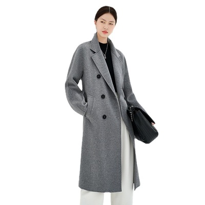 100纯山羊绒双面呢子大衣女士新款廓形M家经典牛角扣毛呢外套