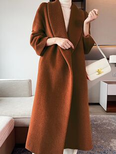 秋冬新橘红色加厚羊驼毛上衣系带羊绒大衣女毛呢外套
