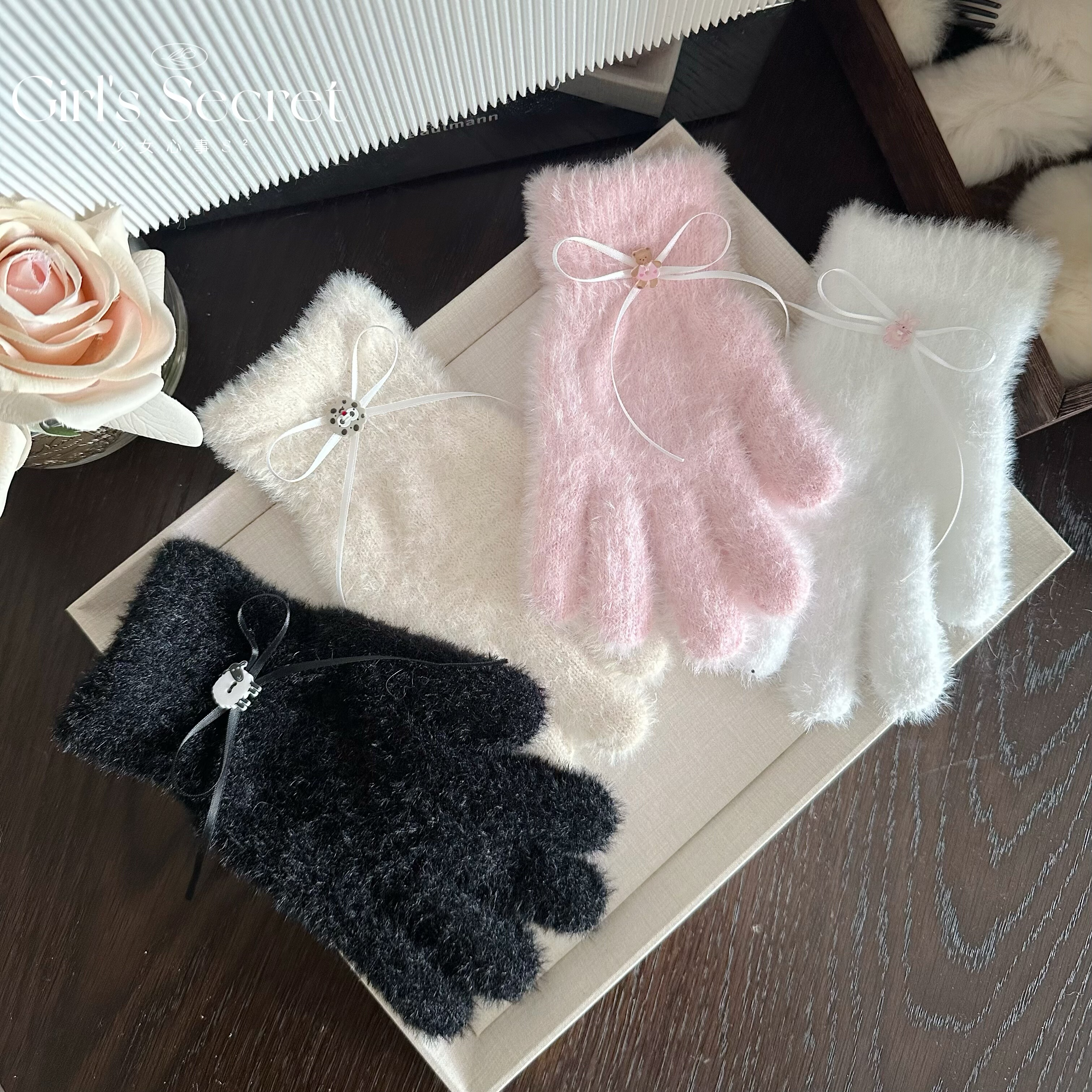 少女心事原创秋冬毛线触屏防寒保暖手套可爱蝴蝶结女户外骑车防风