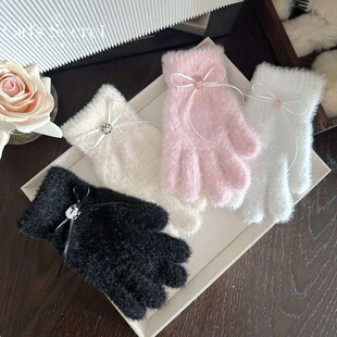 少女心事原创秋冬毛线触屏防寒保暖手套可爱蝴蝶结女户外骑车防风