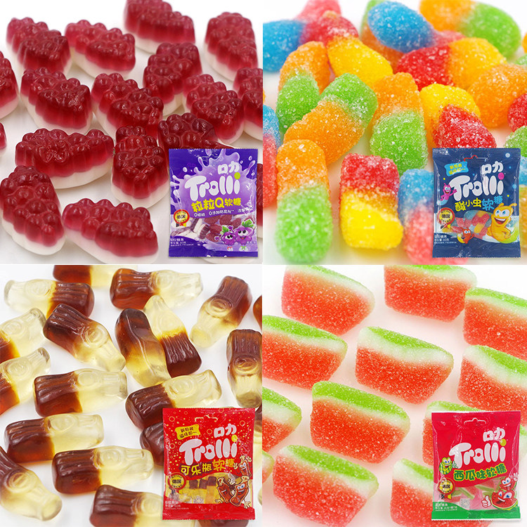 口力trolli软糖橡皮糖西瓜味酸小虫可乐瓶凝胶糖果儿童零食袋装