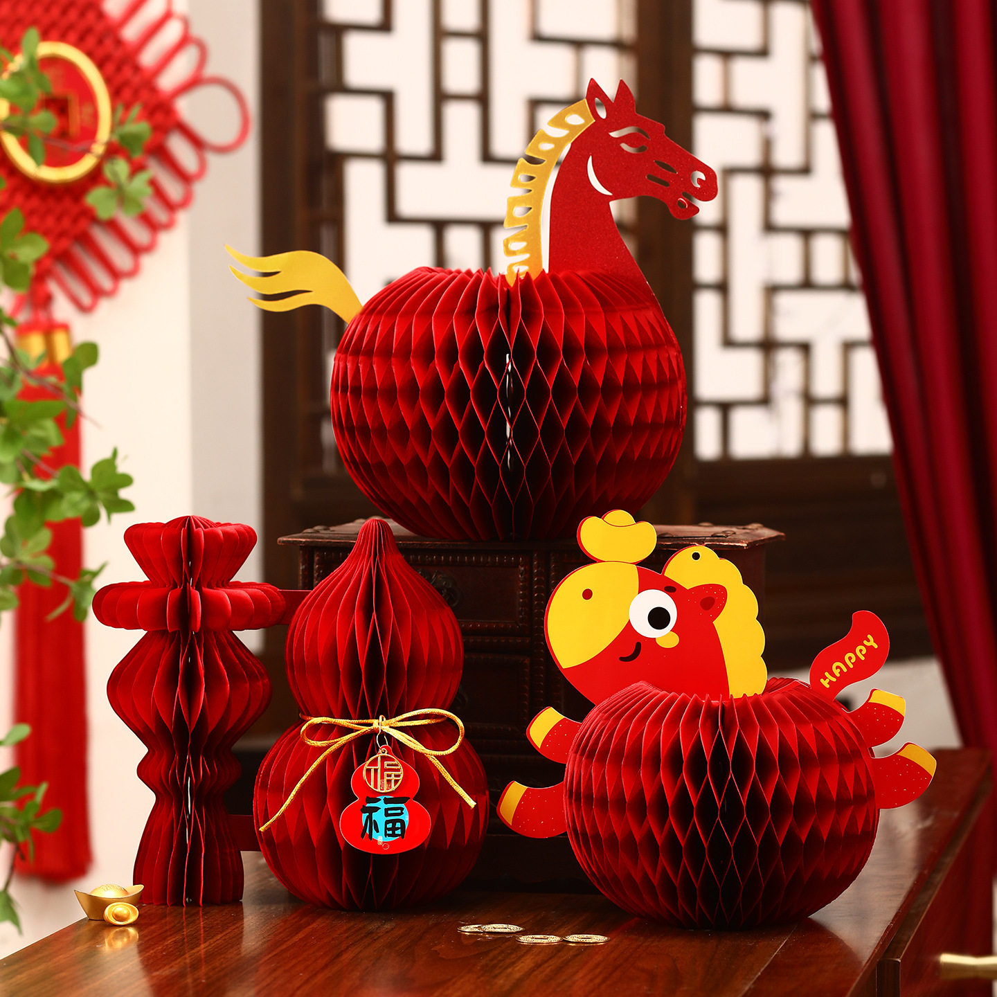 2026马年新年蜂窝球摆件葫芦摆台挂件春节客厅过年氛围布置装饰品,节庆用品/礼品,文化创意文具,淘宝优惠券,粉丝福利购,淘宝优惠卷