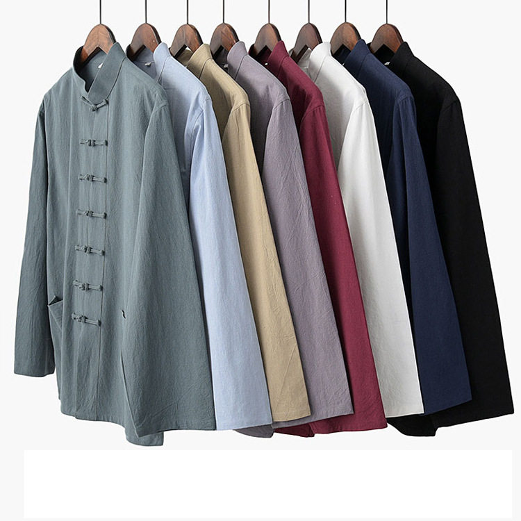 中国风唐装男长袖春秋棉麻中老年中式盘扣太极服打底衫汉服居士服