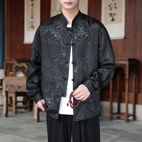 男式新中式衬衫中国风长袖男士上衣春秋季复古汉服盘扣唐装花衬衣
