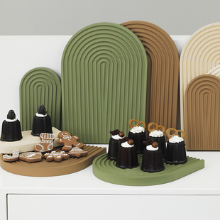 莫兰迪色蛋糕盘下午茶点心盘 美食拍照盘子 榉木波浪板甜品台托盘