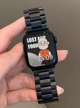 适用苹果applewatch11手表带三珠黑色不锈钢iwatchS78910金属表带