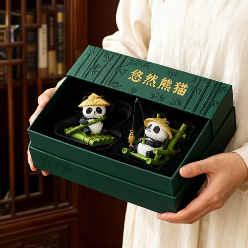 新中式悠然熊猫竹子摆件礼盒装