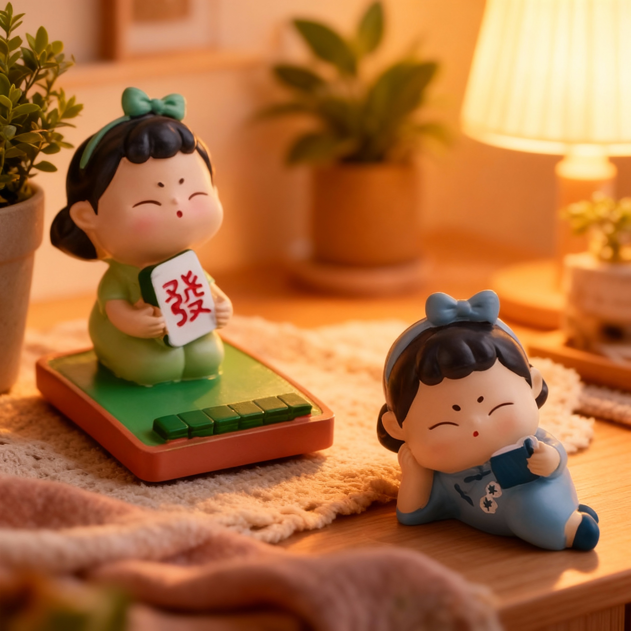 国潮卡通麻将女孩树脂摆件礼物