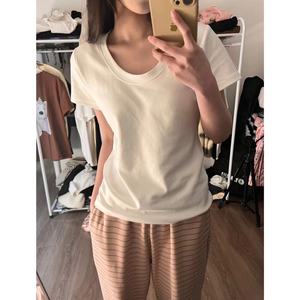 女装夏季2024年新款正肩短袖u领t恤纯棉修身低圆领基础款爆款上衣