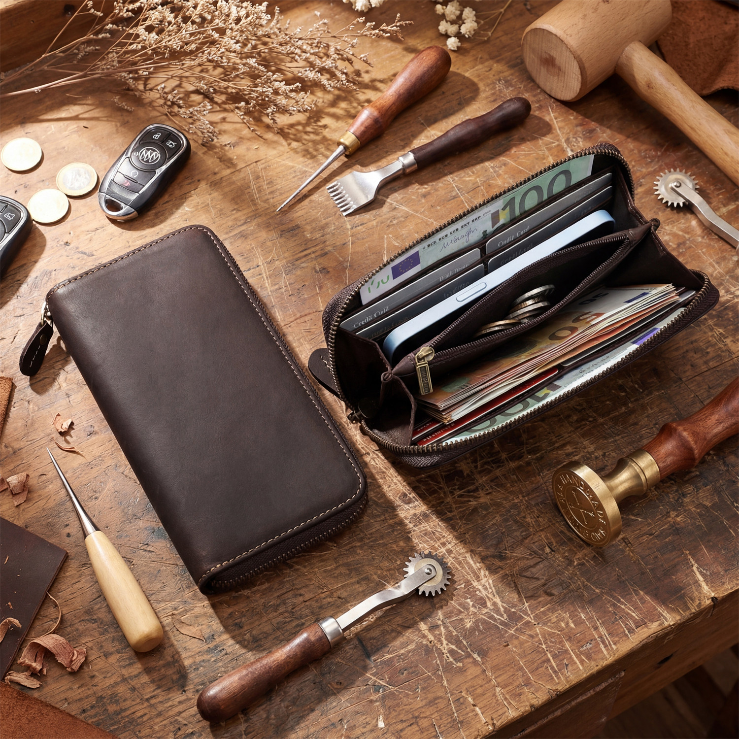 复古疯马皮男士钱包头层牛皮大容量手包真皮长款钱夹拉链手工皮夹