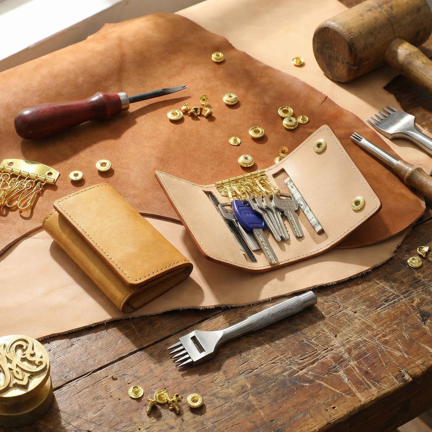 复古植鞣手工钥匙扣头层牛皮搭扣钥匙包男士真皮卡包多功能锁匙包