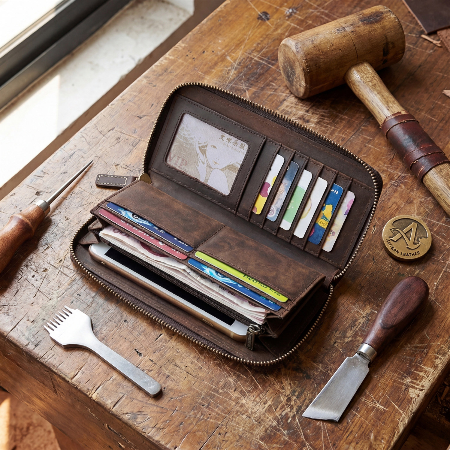 复古疯马头层牛皮男士长款钱包大容量拉链真皮手包休闲男包潮青年