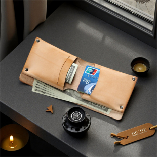 皮夹简约钱夹 钱包休闲真皮卡包男式 纯手工植鞣头层牛皮男士 短款