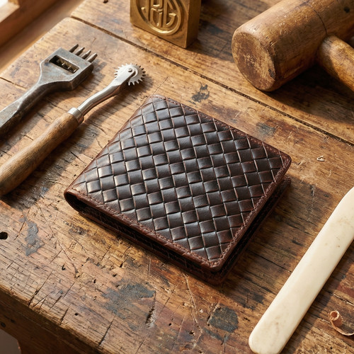 男士真皮复古风编制图案短款钱包