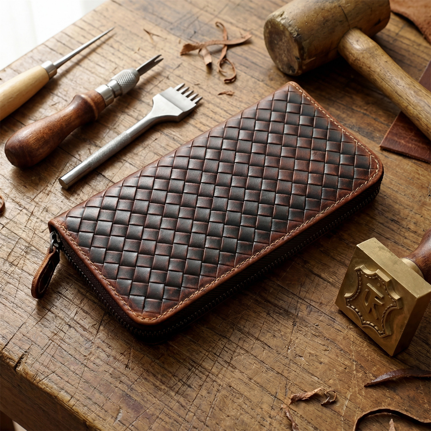 疯马头层牛皮男士钱包编织图案大容量手包真皮长款钱夹拉链皮夹潮