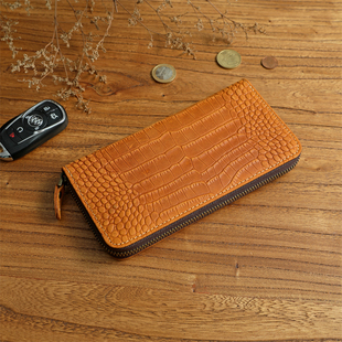 复古疯马皮男士头层牛皮钱包大容量鳄鱼纹手包真皮长款拉链钱夹潮