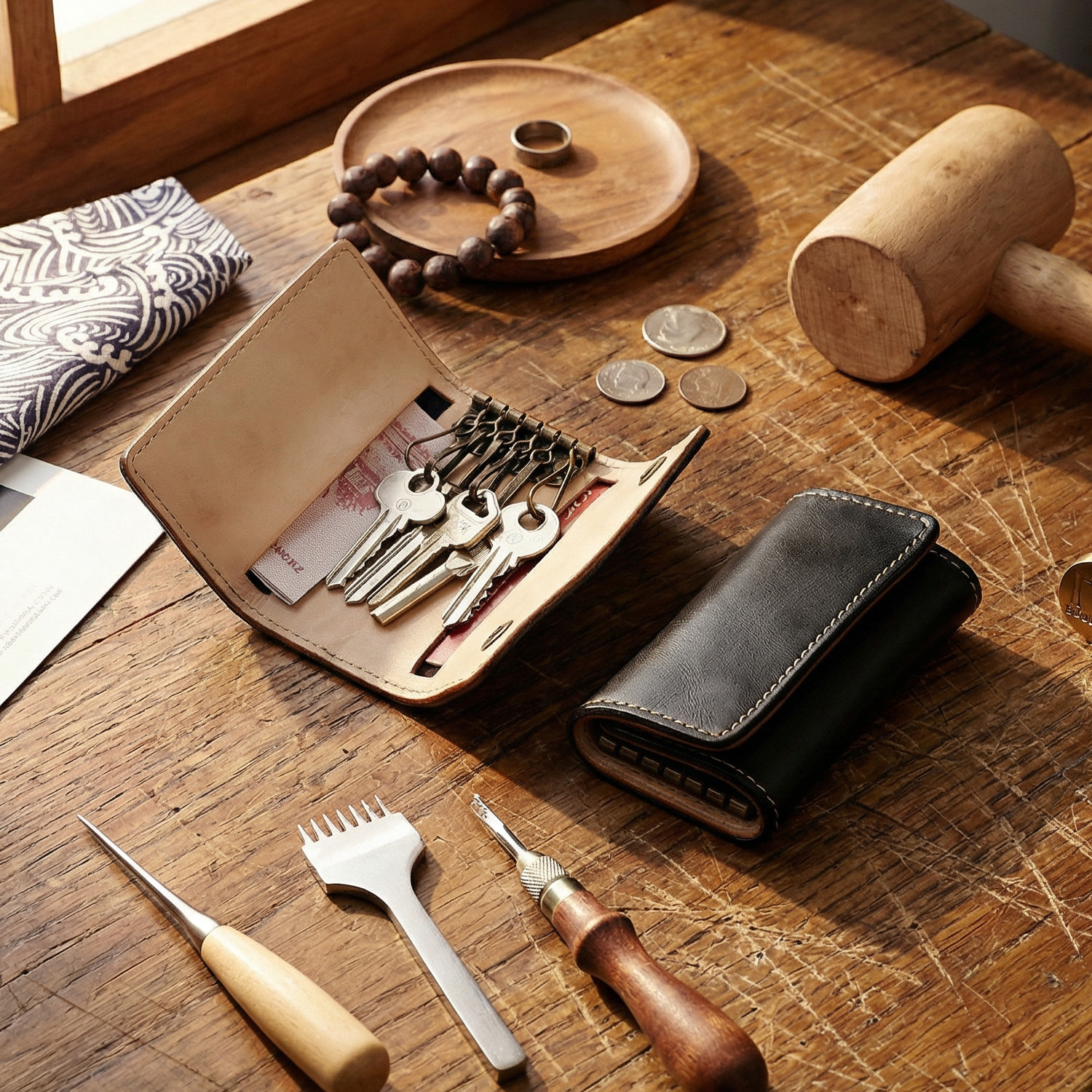 手工钥匙扣植鞣头层牛皮搭扣钥匙包男士真皮卡包多功能锁匙包一体