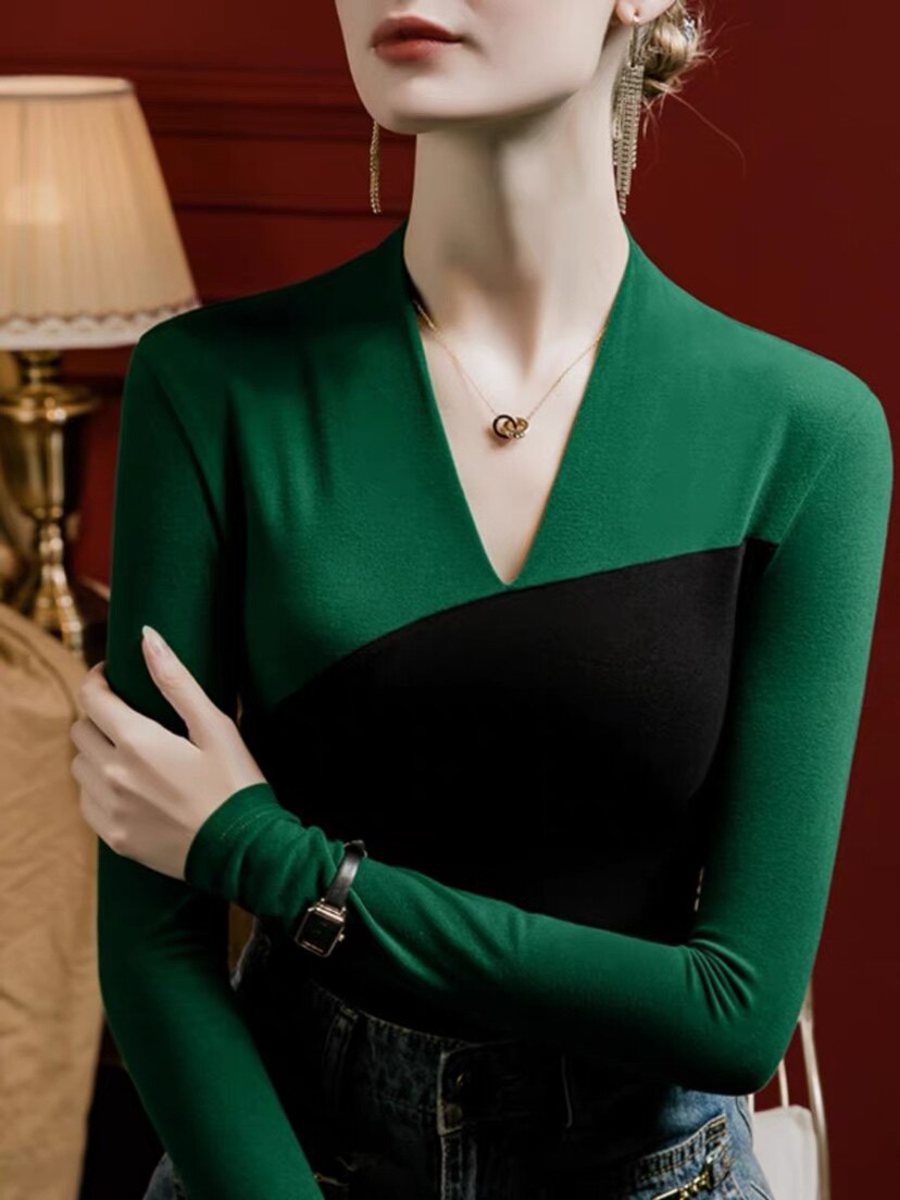 2026春季新款V领磨毛打底衫女修身长袖春款拼色洋气百搭T恤上衣