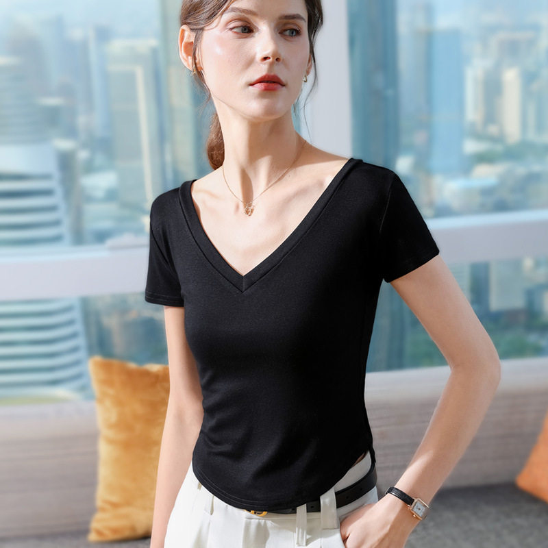 莫代尔女t恤短袖2026新款夏季黑色修身显瘦体恤女士高级感v领上衣