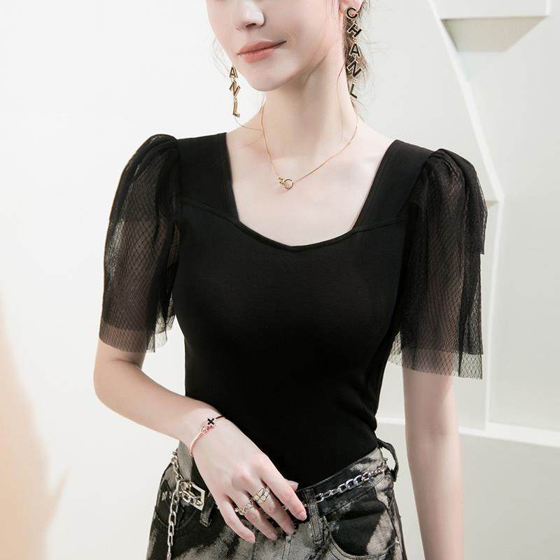 复古方领短袖T恤女纱纱泡泡袖拼接2025新款洋气黑色女装设计上衣,女装/女士精品,T恤,淘宝优惠券,粉丝福利购,淘宝优惠卷