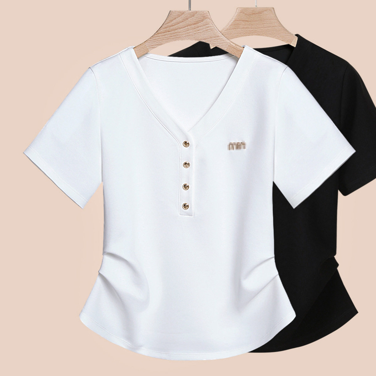 夏季新款不规则设计感收腰v领纯棉短袖女t恤高端气质百搭体恤衫