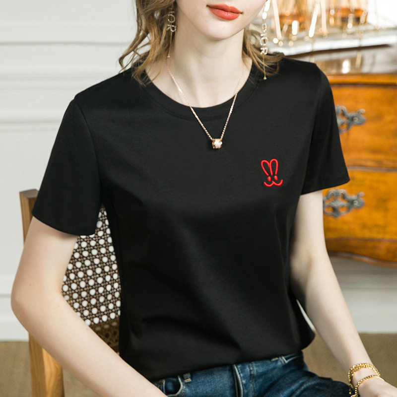 液氨80S丝光棉纯棉t恤女夏季2026年新款大码女士黑色正肩短袖上衣