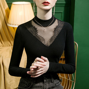 2026新款洋气德绒打底衫女秋冬高级感t恤蕾丝网纱拼接上衣可外穿