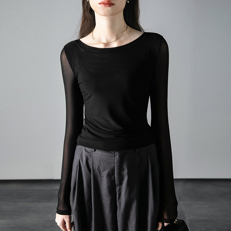 秋新款黑色一字领修身内搭网纱打底衫女外穿长袖t恤柔软亲肤上衣