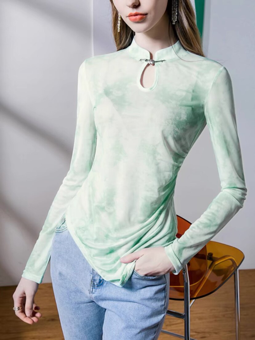 2026春季新款旗袍领盘扣镂空印花网纱上衣女中长款洋气不规则小衫