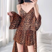 家居服三件套带胸垫 吊带短裤 高级感豹纹冰丝睡衣女夏款 纯欲开衫