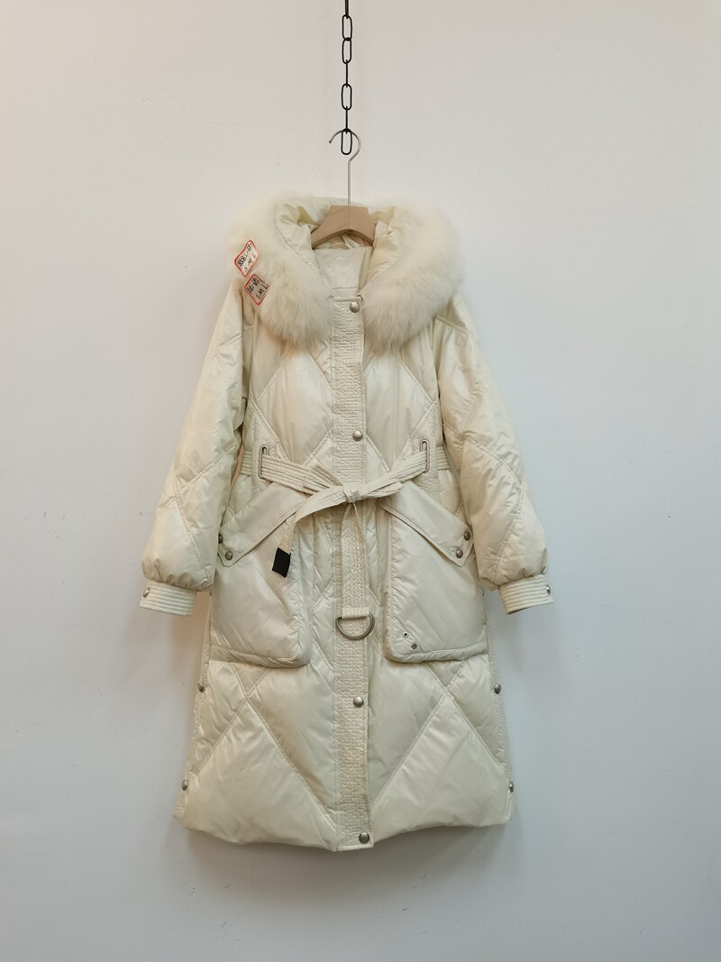 中长款羽绒服女2020冬新款狐狸毛领腰带大口袋保暖白鸭绒上衣外套