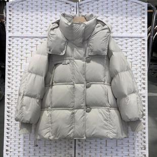 时尚一手长羽绒服女2024冬新款保暖连帽简约盘扣中长款白鸭绒外套