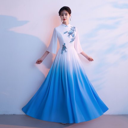 大合唱团演出服女长裙成人古筝演奏琵琶二胡表演服中国风艺考礼服