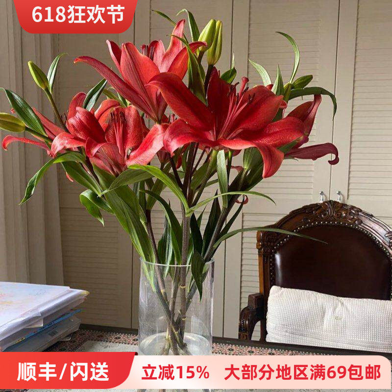 红宝石百合鲜花一束10枝 开花精致 日常瓶插轻奢花艺生活北京直批