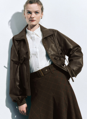 UR国内2025秋季女装复古甜酷蝴蝶结褶皱皮衣外套UYL150035