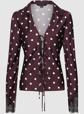 UR国内2025冬季女装魅力波点系带拼接蕾丝开襟衬衫UWG260006