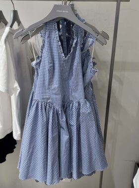 UR国内2026夏季女装都市格纹V领挂脖系带超短连衣裙UYU760047