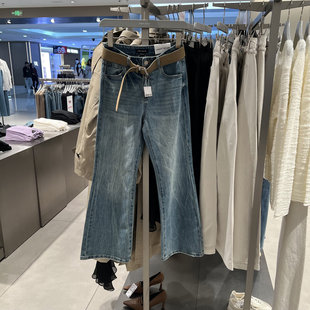 UR国内2025春季女装百搭复古磨白洗水腰带牛仔长裤UWJ850024