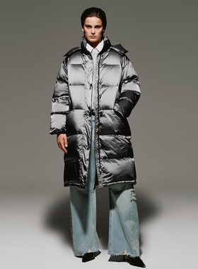 UR国内2025冬季女装流光风潮流连帽立领长款羽绒服UWJ150071