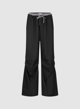 UR国内2025冬季女装休闲拼接格纹抽绳超宽松阔腿裤UYL650101