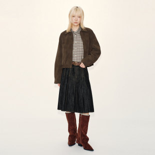 UR国内2025冬季 休闲风复古褶皱腰带牛仔半裙UYL850231 女装