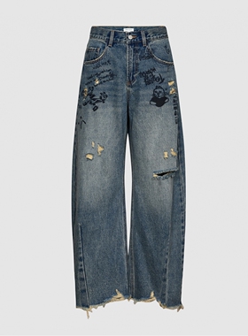 UR国内2025秋季女装潮流涂鸦破洞磨破弯刀牛仔长裤UYV850150