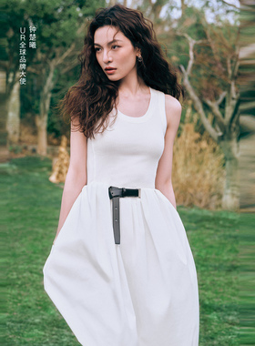 UR国内2025夏季女钟楚曦同款波嬉风拼接腰带连衣裙UWJ750031