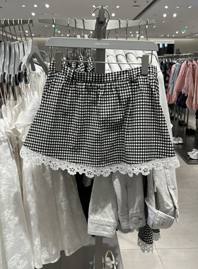 UR国内2025春季女装撞色格纹拼接蕾丝超宽松半裙UYU550017