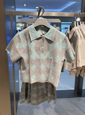 UR国内2025夏季女装撞色翻领菱格修身短袖针织衫UIU950016