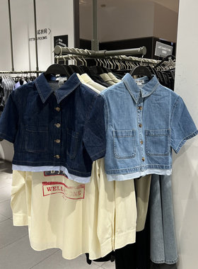 UR国内2025夏季女航海复古拼接短袖牛仔衬衫UYY850108/850129
