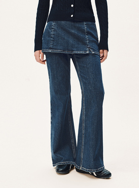 UR国内2025冬季女装假两件裙裤蝴蝶结饰牛仔长裤UYL850215