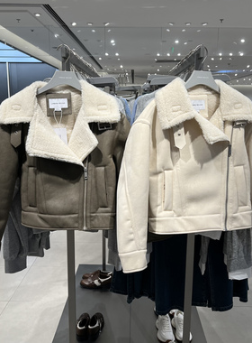 UR国内代购2024冬季女装复古街头风拼接羊羔毛领外套UYY140059